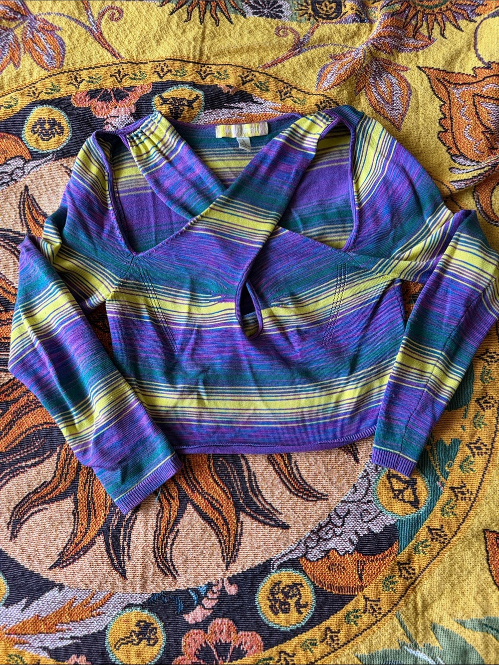 Urban Outfitters Women's Striped V-Neck Crop Top in Purple and Green